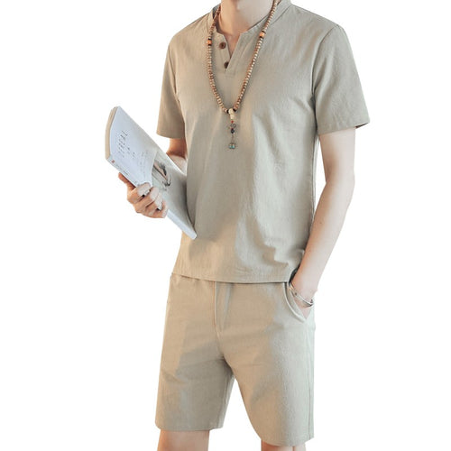 2017 Men's Summer Vintage Cotton Linen Half sleeve Tide Thin Short Sleeve Tops and Shorts